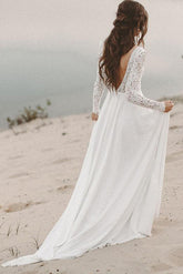 Ivory Lace Long Sleeves A-line Chiffon Wedding Dresses, Bridal Gowns